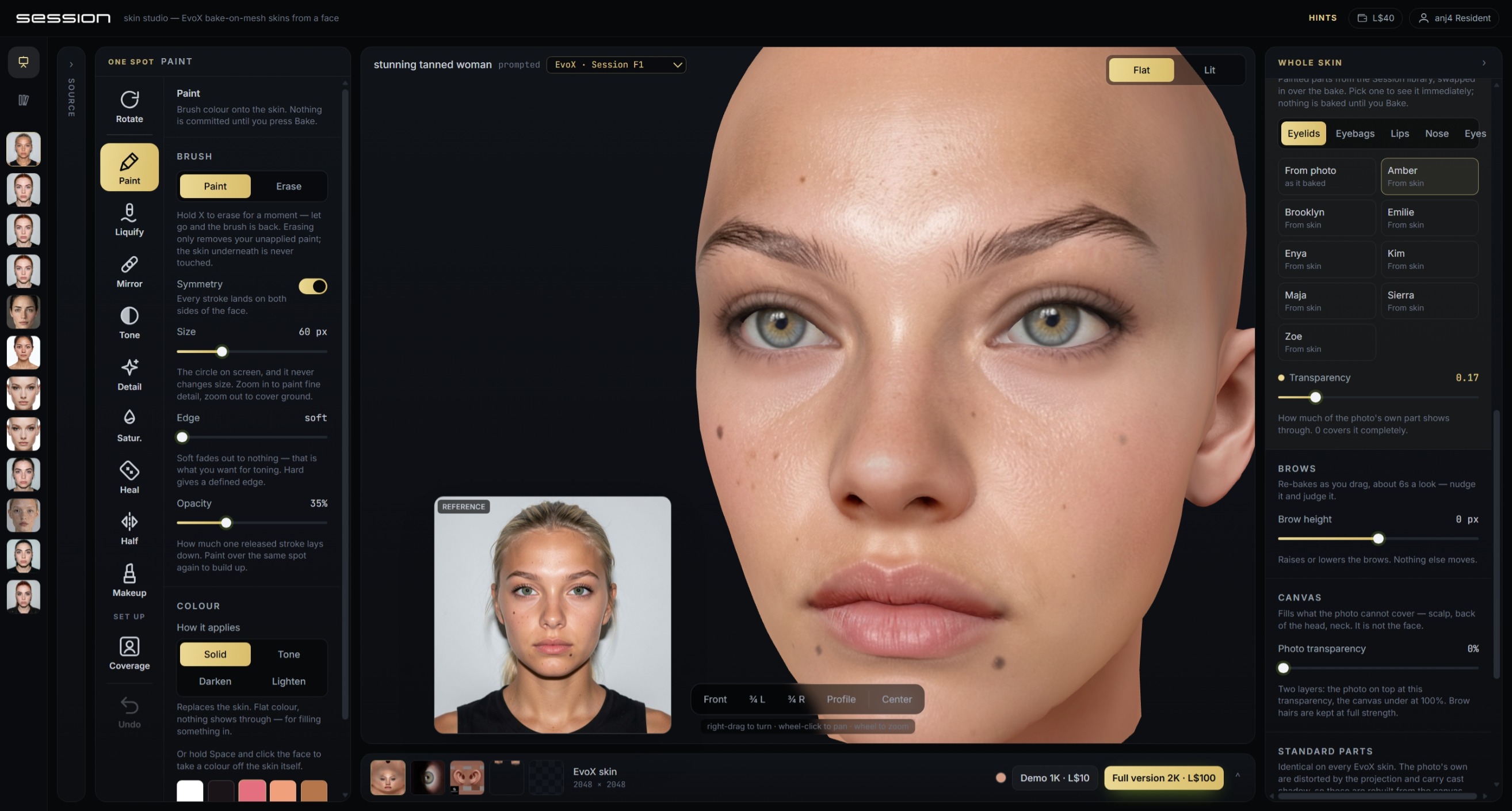 Session Skin Studio — the live editor, a baked skin on the head mid-edit